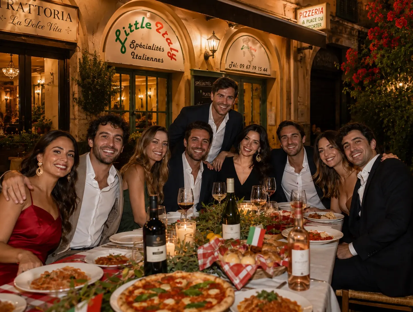 Repas de groupe au restaurant italien Little Italy à Menton · grande table conviviale